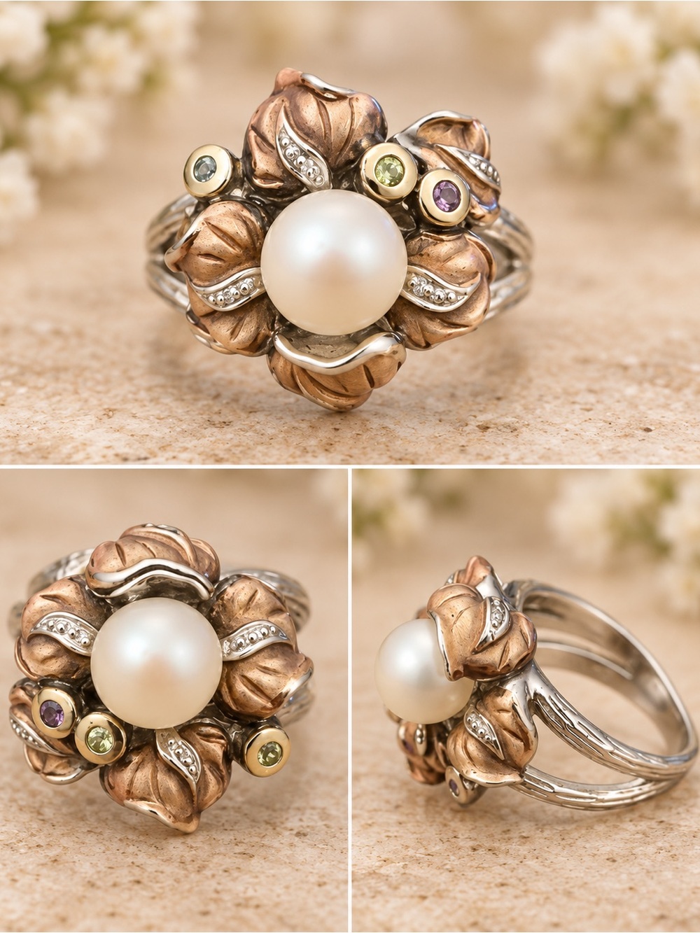 Vintage 925 Sterling Silver Pearl Floral Mixed Metal Statement Ring
